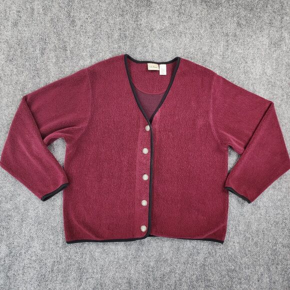 LL Bean Sweater Womens Medium Burgundy Cardigan Long Sleeve Button Front Terry - Picture 1 of 15